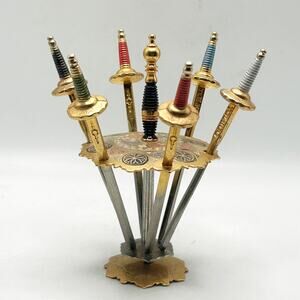 Vintage Toledo Metal Cocktail / Skewers Spanish Swords Set of 6 w/Stand EUC